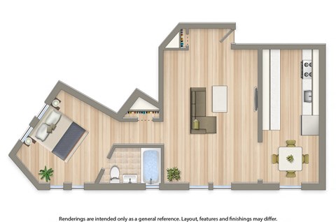 Floor plan for 1 bed, 1 bath, 517 sqft